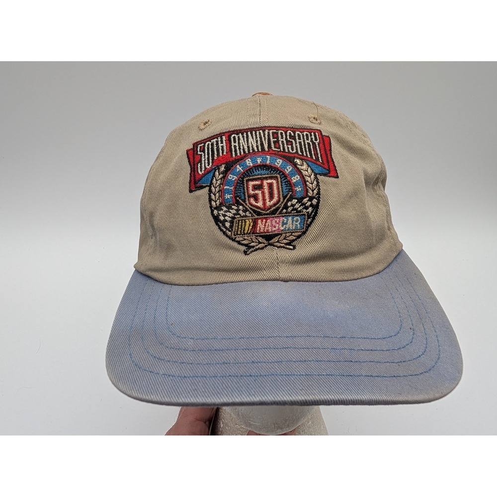 Vintage NASCAR 50th Anniversary 1948-1998 Hat Tan Blue Leather Strap Adjustable